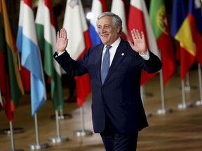 European Parliament President Antonio Tajani arrives for an EU summit in Brussels, Wednesday, Oct. 17, 2018. European Union leaders are converging on Brussels for what had been billed as a "moment of truth" Brexit summit but which now holds little promise for a breakthrough.