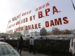 In this Oct. 17, 2018 photo, supporters of dam removals and other measures intended to help endangered orca whales stand near a large sign a outside a building in Tacoma, Wash., where the Southern Resident Killer Whale Recovery Task Force was meeting for a two-day work session. Calls to breach four hydroelectric dams in Washington state have grown louder in recent months as the plight of the critically endangered Northwest orcas has captured global attention.