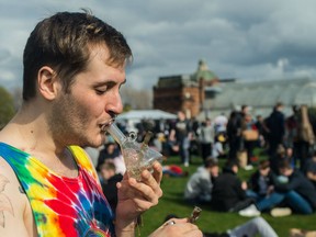 Cannabis smokers celebrate 4/20 on Glasgow Green with joints and bongs.