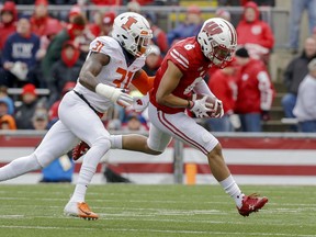 Wisconsin wide receiver Danny Davis (6) makes a reception against Illinois defensive back Cameron Watkins during the first half of an NCAA college football game Saturday, Oct. 20, 2018, in Madison, Wis.