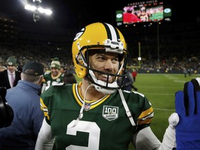 Green Bay Packers kicker Mason Crosby (2) celebrates after an NFL football game against the San Francisco 49ers Monday, Oct. 15, 2018, in Green Bay, Wis. The Packers won 33-30. Crosby kicked a game winning field goal.