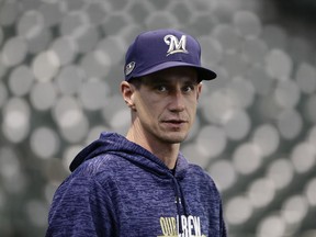 Milwaukee Brewers manager Craig Counsell watches batting practice for Game 1 of the National League Championship Series baseball game Wednesday, Oct. 10, 2018, in Milwaukee. The Brewers face the Los Angeles Dodgers.