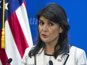 FILE - In this July 18, 2018 file photo, U.S. Ambassador to the United Nations Nikki Haley speaks at The Heritage Foundation in Washington.