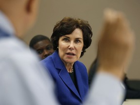 FILE - In this Aug. 29, 2018, file photo, Rep. Jacky Rosen, D-Nev., speaks at a roundtable event at the Nevada Urban Chamber of Commerce, in Las Vegas. In the high-stakes race for Senate in Nevada, Democrat Jacky Rosen is taking on one of the biggest names in GOP politics by painting Sen. Dean Heller as someone without firm principles.