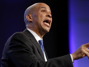 In this Oct. 6, 2018 photo, Sen. Cory Booker, D-N.J., speaks during the Iowa Democratic Party's annual Fall Gala, in Des Moines, Iowa. Booker is telling students on a historically black campus in the early presidential voting state of South Carolina that apathetic voters rather than Republicans are to blame for the nation's problems.