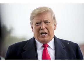 In this Oct. 27, 2018, photo, President Donald Trump speaks to reporters about a shooting at a Pittsburgh synagogue at Andrews Air Force Base, Md. Trump has astonished legal scholars with his claim that he can end birthright citizenship with a swipe of his pen.