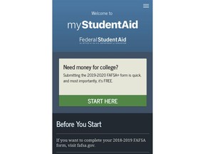 This image provided by the Education Department shows the myStudentAid app from the Education Department for applying federal student aid. The Education Department is unveiling a mobile program intended to make it easier for students to apply for federal financial aid. Education Secretary Betsy DeVos rolled out the myStudentAid app on Tuesday. She says applicants will now have the necessary tools to apply for loans and grants "in the palm of their hand." (Education Department via AP)