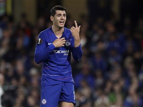 Chelsea's Alvaro Morata gestures during the Europa League group L soccer match between Chelsea and Vidi FC at Stamford Bridge stadium in London, Thursday, Oct. 4, 2018.