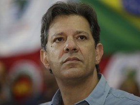 Fernando Haddad, Brazil's presidential candidate for the Workers Party, attends a meeting with union leaders, in Sao Paulo, Brazil, Tuesday, Oct. 16, 2018. Haddad will face Jair Bolsonaro, the far-right congressman in a presidential runoff on Oct. 28.