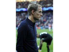 PSG coach Thomas Tuchel walks to the bench prior to the the group C Champions League soccer match between Paris Saint Germain and Red Star Belgrade at the Parc des Princes stadium in Paris, France, Wednesday, Oct. 3, 2018.