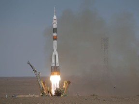 The Soyuz-FG rocket booster with Soyuz MS-10 space ship carrying a new crew to the International Space Station, ISS, blasts off at the Russian leased Baikonur cosmodrome, Kazakhstan, Thursday, Oct. 11, 2018. Two astronauts from the U.S. and Russia are making an emergency landing after a Russian booster rocket carrying them into orbit to the International Space Station has failed after launch.