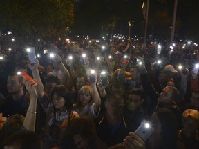 Thousands of people take part in a protest accusing the authorities of a coverup after an unresolved death in March of a student in the Bosnian town of Banja Luka, 240 kms northwest of Sarajevo, Friday, Oct. 5, 2018. Months-long protests over the death of 21-year-old David Dragicevic have posed a challenge to the government of Bosnian Serb leader Milorad Dodik ahead of Sunday's election.
