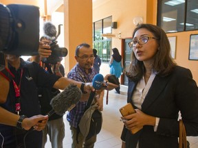 Sangeet Kaur Deo, lawyer for British woman Samantha Jones, speaks to the media after a court hearing at Langkawi Magistrate court in Langkawi, Malaysia, Tuesday, Oct. 30, 2018. Jones is expected to be charged for allegedly stabbing her husband, John William Jones, 62, to death on Oct. 18.