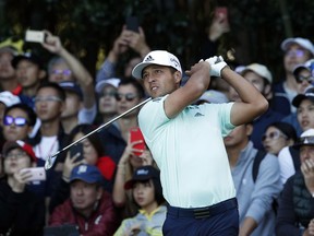 Xander Schauffele of the United States tees off during the HSBC Champions golf tournament held at the Sheshan International Golf Club in Shanghai, Sunday, Oct. 28, 2018.