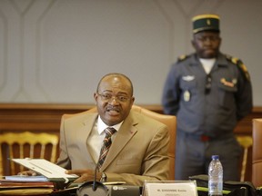 Essombe Emile, President of Cameroon Constitutional council, speaks during a meeting with representatives of the political parties and members of the Electoral commissions at the palais des congres in Yaounde, Cameroon, Wednesday Oct. 10, 2018. Cameroon continues to wait for results of Sunday's presidential election that Africa's oldest leader is widely expected to win. Members of the Constitutional Council on Wednesday deliberated on incoming election results and heard complaints from lawyers for opposition parties.