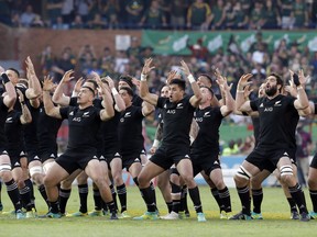 New Zealand players perform a haka during the Rugby Championship match between South Africa and New Zealand at Loftus Versfeld stadium in Pretoria, South Africa, Saturday, Oct. 6, 2018.