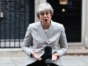 British Prime Minister Theresa May makes a Brexit statement at Downing Street on November 22, 2018 in London, England.