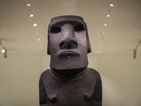 A basalt Easter Island Head figure, known as Hoa Hakananai'a, translated as 'lost or stolen friend' is displayed at the British Museum on November 22, 2018 in London, England.