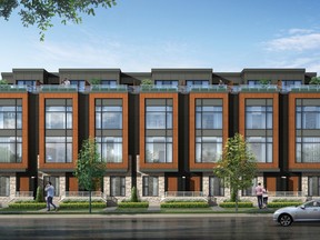 The homes at Southside feature a more modern esthetic, with large windows, dark brick and wood-grain panels, as well as stone at the base for contrast.