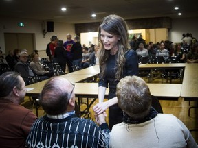 Tory MPP Amanda Simard addressed a crowded St. Isidore Recreation Centre about the proposed cuts to francophone institutions, Sunday, Nov. 25, 2018. Simard greet community members ahead of the discussion.