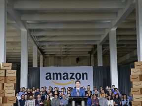 Prime Minister Justin Trudeau announces a new Amazon Vancouver headquarters during a press conference April 30, 2018 in Vancouver, British Columbia.