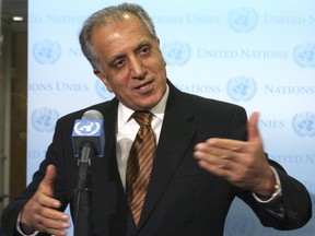 FILE - In this Jan. 5, 2009 file photo, then-U.S. Ambassador to the U.N. Zalmay Khalilzad, speaks to reporters at the United Nations headquarters. Taliban officials said Monday, Nov. 12, 2018 that Pakistan has released Abdul Samad Sani, a U.S.-designated terrorist who served as the Afghan Central Bank governor during the militants' rule, along with a lower-ranking commander named Salahuddin. It came as U.S. envoy Zalmay Khalilzad launched a second tour of the region, with stops in Pakistan, Afghanistan, the United Arab Emirates as well as Qatar, where the Taliban maintain a political office.