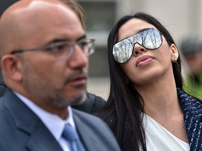 Emma Coronel Aispuro, wife of JoaquÌn "El Chapo" Guzman, outside federal court in New York on April 17, 2018, with the lawyer for Guzman, Eduardo Balarezo.
