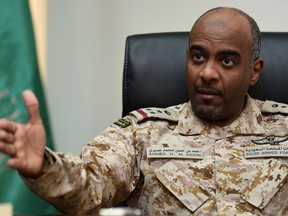 In this file photo taken on March 16, 2016, then-Brigadier General Ahmed Assiri, spokesman for the Saudi-led coalition forces fighting rebels in Yemen, gives an interview to AFP at King Salman airbase in the centre of the Saudi capital Riyadh.