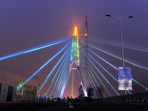 A view of the under-construction cable-stayed 'Signature Bridge' after its inauguration ceremony in New Delhi on November 4, 2018.