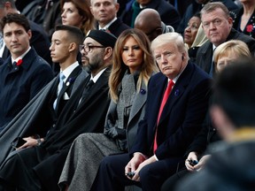 Canadian Prime Minister Justin Trudeau (left) and U.S. President Donald Trump attend a First World War armistice anniversary ceremony at the Arc de Triomphe in Paris on Nov. 11.