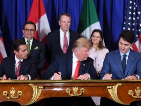 Mexican President Enrique Pena Nieto, left, U.S. President Donald Trump center, and Canadian Prime Minister Justin Trudeau signing a new trade agreement in Buenos Aires, on November 30, 2018.
