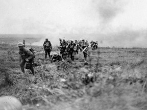 Canadian soldiers on the battlefield of Amiens, France, during the Hundred Days of 1918 — the last 100 days of the Second World War.