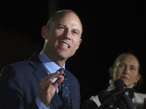 In this Wednesday, Nov. 14, 2018, file photo, attorney Michael Avenatti speaks to the media outside the Los Angeles Police Department Pacific Division after being released from police custody following his arrest on a felony domestic violence charge in Los Angeles.