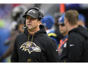 Baltimore Ravens head coach John Harbaugh walks on the sideline in the first half of an NFL football game against the Cincinnati Bengals, Sunday, Nov. 18, 2018, in Baltimore.