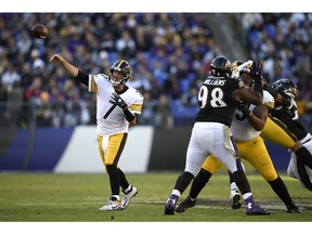 Pittsburgh Steelers quarterback Ben Roethlisberger (7) throws to a receiver in the second half of an NFL football game against the Baltimore Ravens, Sunday, Nov. 4, 2018, in Baltimore.