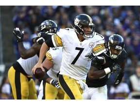 Pittsburgh Steelers quarterback Ben Roethlisberger looks for a receiver in the second half of an NFL football game against the Baltimore Ravens, Sunday, Nov. 4, 2018, in Baltimore.