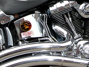 Close-up of a motorcycle belonging to Bacchus Motorcycle Club member.