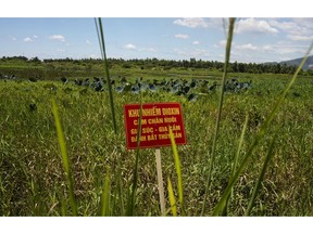 FILE - In this Aug. 9, 2012, file photo, a warning sign stands in a field contaminated with dioxin near Danang airport, during a ceremony marking the start of a project to clean up dioxin left over from the Vietnam War, at a former U.S. military base in Danang, Vietnam. The sign reads; "Dioxin contamination zone - livestock, poultry and fishery operations not permitted." Vietnam and the United States have finished cleaning up dioxin contamination at the airport caused by the transport and storage of the herbicide on and around the area.