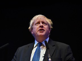 British Conservative Party politician Boris Johnson gives a speech during a fringe event on the sidelines of the third day of the Conservative Party Conference 2018 at the International Convention Centre in Birmingham, on October 2, 2018.