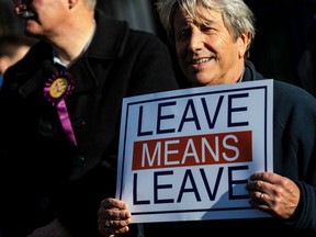 Pro-Brexit supporters demonstrate in Whitehall on November 14, 2018 in London, England.  Theresa May will today attempt to secure the backing of her government ministers for the Brexit deal at a special cabinet meeting in Downing Street this afternoon. Brexiteers are already decrying the deal as a betrayal and urging ministers to reject the deal.