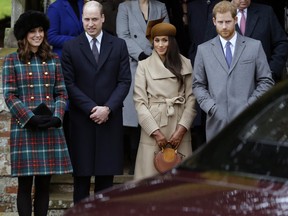 Kate, Duchess of Cambridge, Prince William, Meghan, Duchess of Sussex, and Prince Harry arrive at the traditional Christmas Days service, at St. Mary Magdalene Church in Sandringham, England, Monday, Dec. 25, 2017.