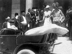 ONE OF ONE HUNDRED PHOTOS WORLD WAR ONE CENTENARY TIMELINE-In this June 28, 1914 file photo, the Archduke of Austria Franz Ferdinand, center right, and his wife Sophie, center left, walk to their a car in Sarajevo. This photo was taken minutes before the assassination of the Archduke and his wife, an event which set off a chain reaction of events which would eventually lead to World War One. (AP Photo, File)