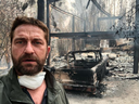 Gerard Butler posts a selfie of himself standing infront of the charred ruins of his Malibu home. 