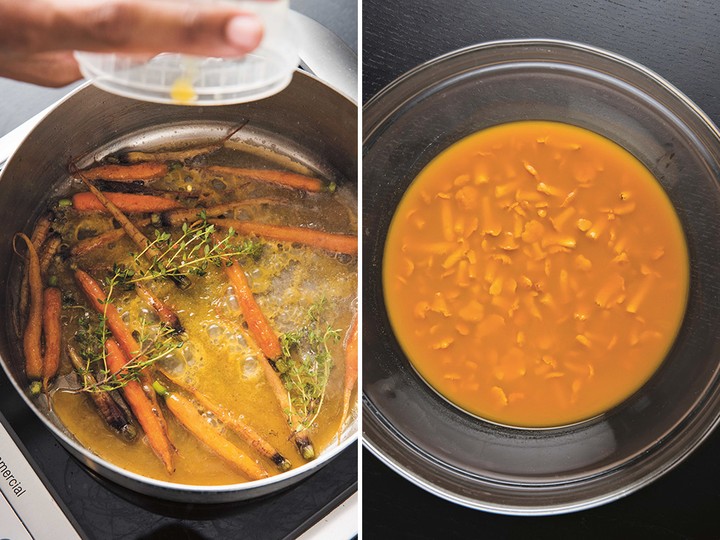  Slow-cooked carrots, left, and button chanterelle mushroom quick pickles from The Noma Guide to Fermentation by Rene Redzepi and David Zilber.