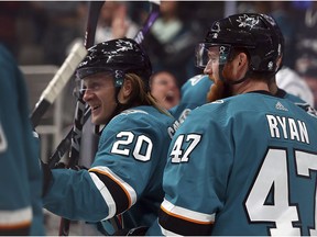 San Jose Sharks' Marcus Sorensen, left, is congratulated by Joakim Ryan (47) after scoring a goal against the Minnesota Wild during the first period of an NHL hockey game Tuesday, Nov. 6, 2018, in San Jose, Calif.