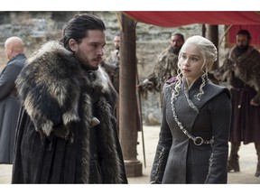 This image released by HBO shows Kit Harington, left, and Emilia Clarke on the season finale of "Game of Thrones." The eighth and last season of "Game of Thrones" finally has a date with destiny. HBO said Tuesday, Nov. 13, 2018, that the series will return in April 2019 with six episodes to conclude its run.