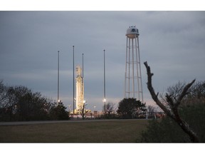 The Northrop Grumman Antares rocket, with Cygnus resupply spacecraft onboard, is seen on Pad-0A, Wednesday, Nov. 14, 2018 at NASA's Wallops Flight Facility in Wallops Island, Va. Northrop Grumman's 10th contracted cargo resupply mission for NASA to the International Space Station will deliver about 7,400 pounds of science and research, crew supplies and vehicle hardware to the orbital laboratory and its crew. The launch was rescheduled due to bad weather and is currently scheduled for Friday, Nov. 16 at 4:23 a.m. EST.