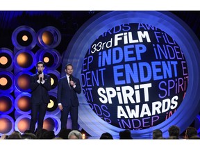 FILE - In this Saturday, March 3, 2018 file photo, hosts John Mulaney, left, and Nick Kroll speak at the 33rd Film Independent Spirit Awards in Santa Monica, Calif. The nominees for the 34th Independent Spirit Awards, an annual celebration of indie cinema, will be announced on Friday, Nov. 16, 2018.
