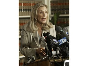 FILE - In this Monday, Sept. 15, 2003 file photo, Ramona Ripston, executive director of American Civil Liberties Union of Southern California, speaks at a news conference in reaction to the announcement that the 9th U.S. Circuit Court of Appeals postponed California's Oct. 7 gubernatorial recall election ruling the historic vote cannot proceed as scheduled because some votes would be cast using outmoded punch-card ballot machines, in Los Angeles. Ripston, a longtime activist who built up the American Civil Liberties Union of Southern California into a major organization, has died at age 91. Ripston died Saturday, Nov. 3, 2018, at her home after several years of illness, said David Colker, a spokesman for the chapter.