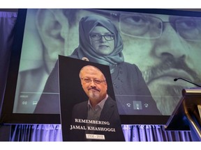 FILE - In this Friday, Nov. 2, 2018 file photo, a video image of Hatice Cengiz, fiancee of slain Saudi journalist Jamal Khashoggi, is played during an event to remember Khashoggi, who was killed inside the Saudi Consulate in Istanbul on Oct. 2, in Washington. Saud Al-Mojeb, Saudi Arabia's top prosecutor, is recommending the death penalty for five suspects charged with ordering and carrying out the killing of Saudi writer Jamal Khashoggi. Al-Mojeb told a press conference in Riyadh Thursday, Nov. 15, 2018,  that Khashoggi's killers had been planning the operation since September 29, three days before he was killed inside the kingdom's consulate in Istanbul.